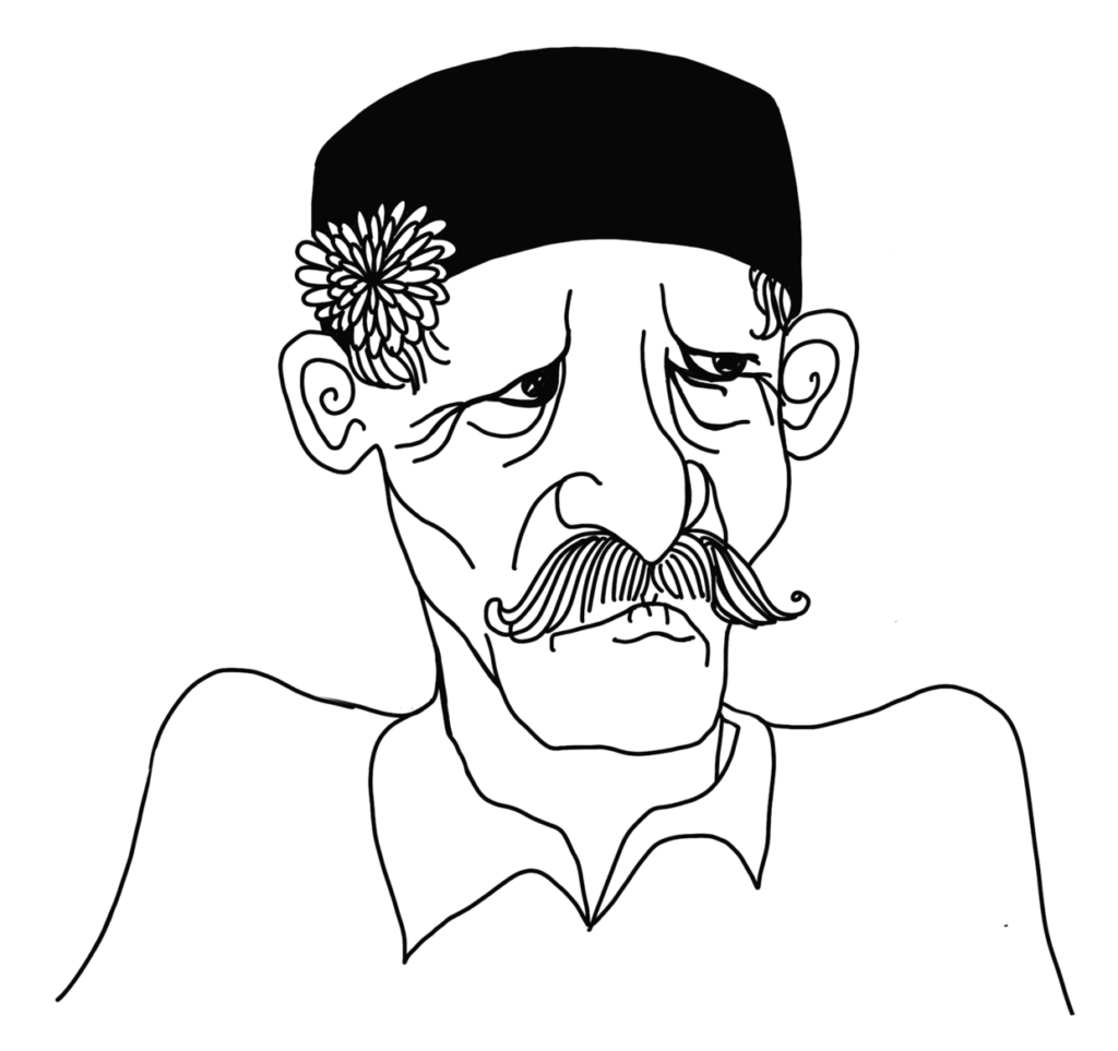 العم سامح
رسمٌ كاريكاتيري أبيض وأسود لرجلٍ مُسنٍ على راسه شاشيةٌ تونسية، وعلى أذنه زهرة